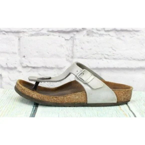 Birkenstock Silver Leather Slip On T-Strap Thong Flip Flop Size 5 - Picture 1 of 9